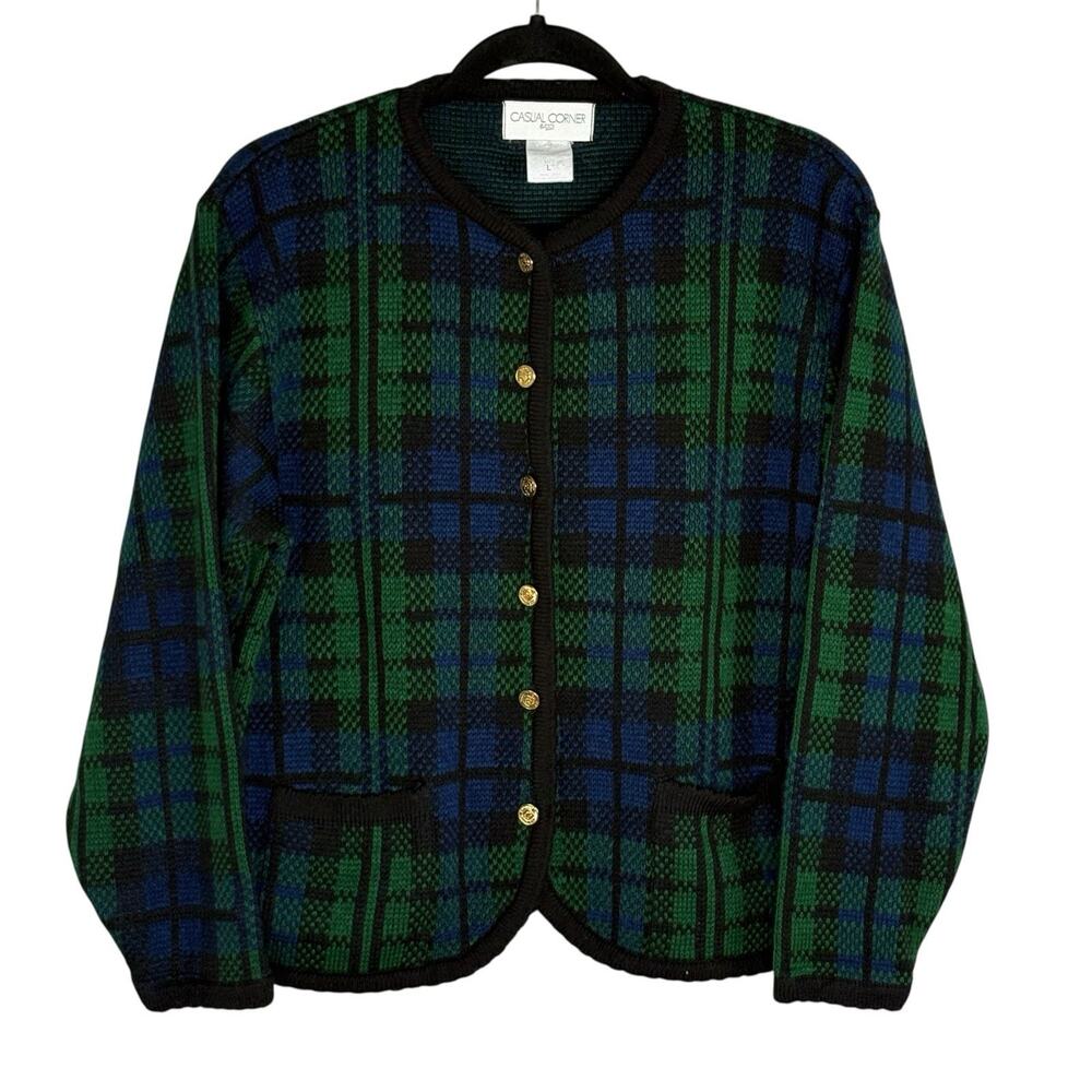 Vtg 90s Plaid Cardigan Dark Academia Pockets Navy Green Black Gold Buttons Sz L